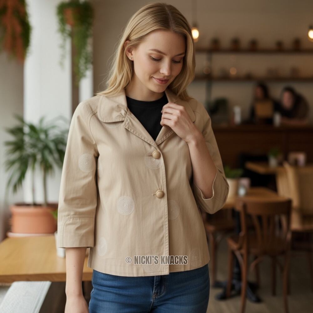 Johnny Was Embroidered Blazer Tan 3/4 Sleeve Boho Jacket Neutral Chic Size S